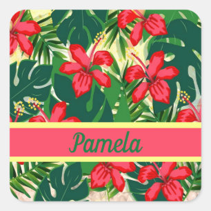 Tropical flowers and leaves square sticker