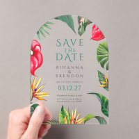 Tropical Flowers and Leaves Wedding Save the Date