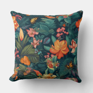 Tropical Flowers and Leaves with Butterflies Cushion