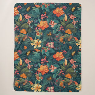 Tropical Flowers and Leaves with Butterflies Sherpa Blanket