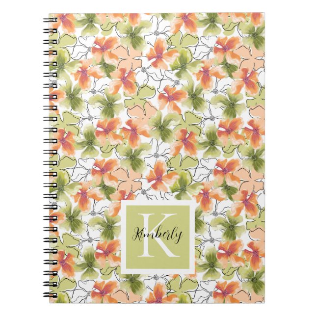 Tropical Flowers and Line Art Monogrammed Notebook (Front)