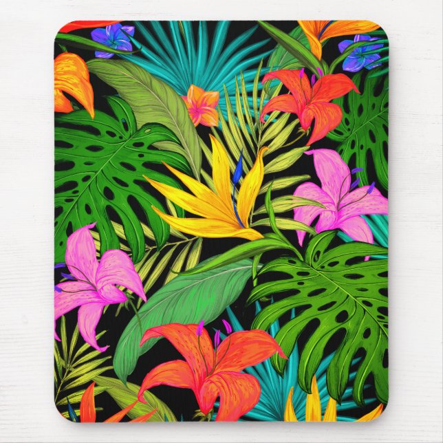 Tropical flowers and palm leaves mouse pad (Front)