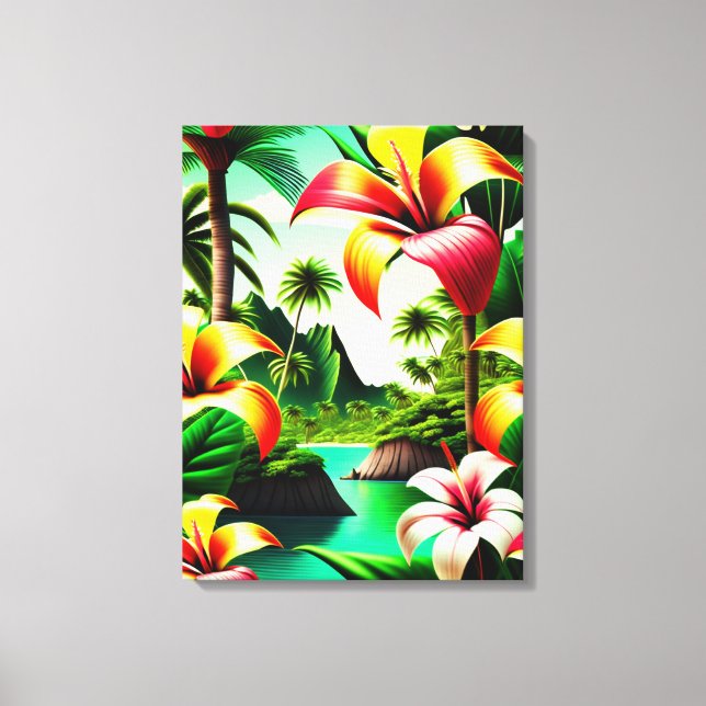 Tropical Flowers and Palm Trees  Canvas Print (Front)