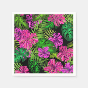 Tropical flowers and plants on black napkin