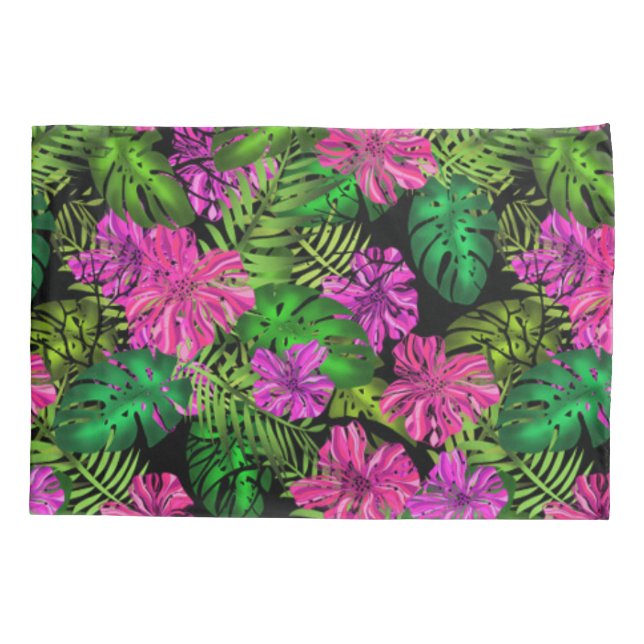 Tropical flowers and plants on black pillowcase (Back)