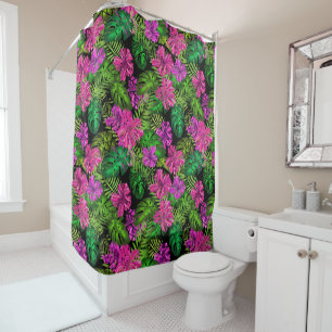Tropical flowers and plants on black shower curtain