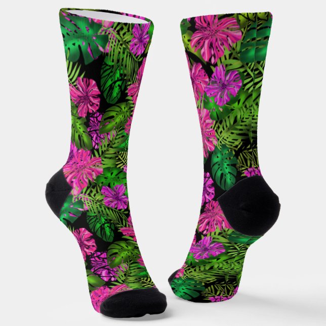 Tropical flowers and plants on black  socks (Angled)