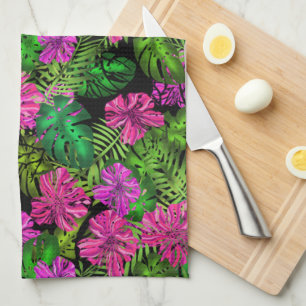 Tropical flowers and plants on black  tea towel