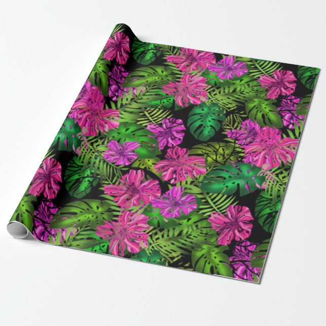 Tropical flowers and plants on black  wrapping paper (Unrolled)