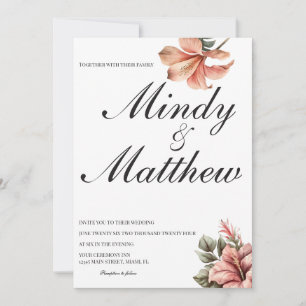 Tropical Flowers Black and White Script Wedding Invitation