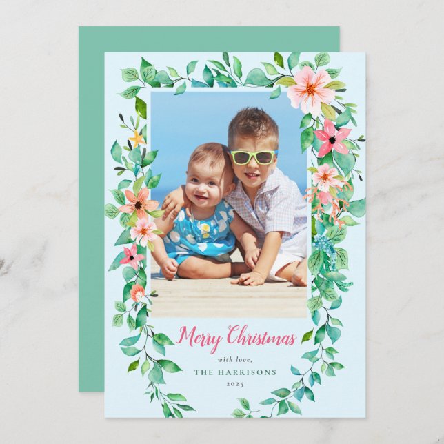 Tropical Flowers Blue Christmas 1-Photo Card (Front/Back)