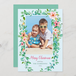 Tropical Flowers Blue Christmas 1-Photo Card