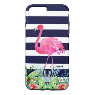 Tropical flowers blue strioes & pink flamingo Case-Mate iPhone case