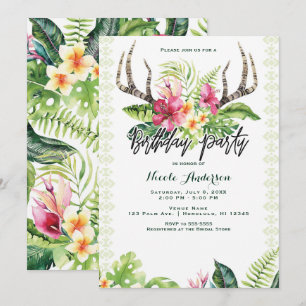 Tropical Flowers Boho Rustic Antler Birthday Party Invitation