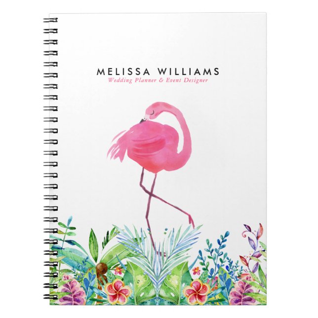 Tropical flowers border & Pink Flamingo Notebook (Front)