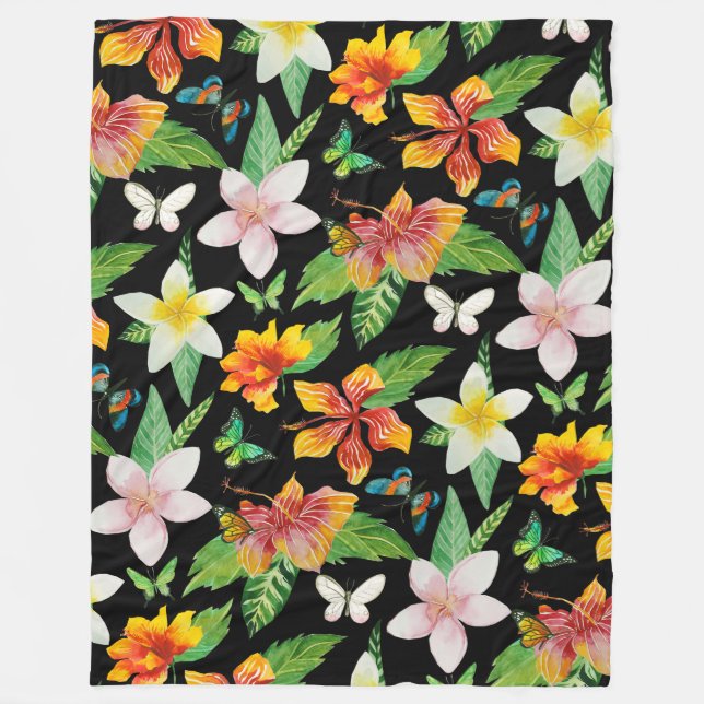 Tropical Flowers & Butterflies pattern Fleece Blanket (Front)