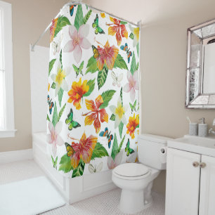 Tropical Flowers & Butterflies pattern Shower Curtain