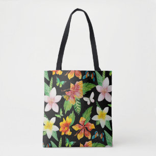 Tropical Flowers & Butterflies pattern Tote Bag