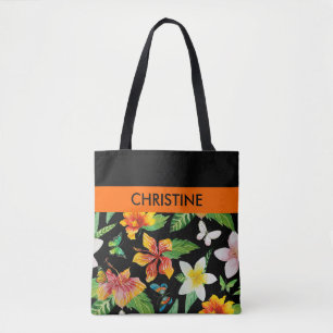 Tropical Flowers & Butterflies pattern Tote Bag