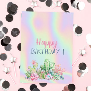 Tropical Flowers Cactus Holographic Birthday Card