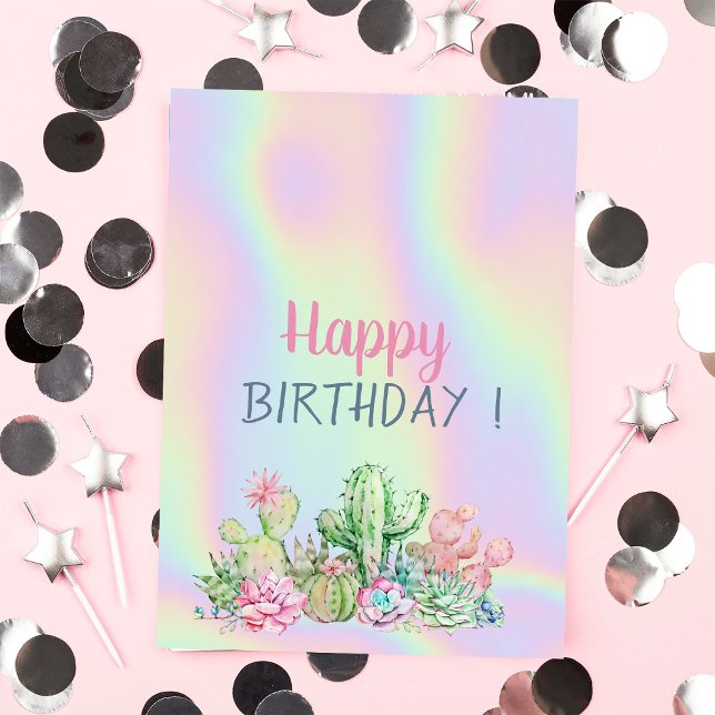 Tropical Flowers Cactus Holographic Birthday Card (Creator Uploaded)