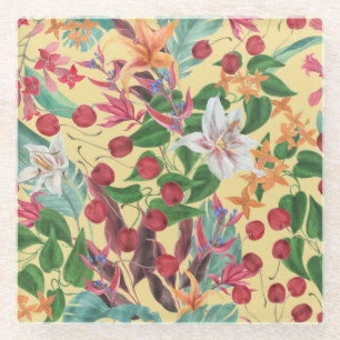 Tropical Flowers Cherry: Watercolor Seamless Patte Glass Coaster