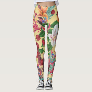 Tropical Flowers Cherry: Watercolor Seamless Patte Leggings