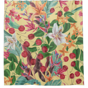 Tropical Flowers Cherry: Watercolor Seamless Patte Shower Curtain