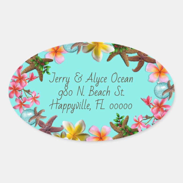 Tropical Flowers Christmas Starfish Address Oval Sticker (Front)