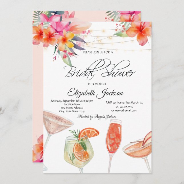 Tropical Flowers Cocktails Lights Bridal Shower  Invitation (Front/Back)