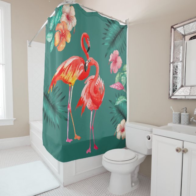 Tropical Flowers Coral Pink Flamingo Shower Curtain (In Situ)