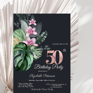 Tropical Flowers Dark 50th Birthday Invitation