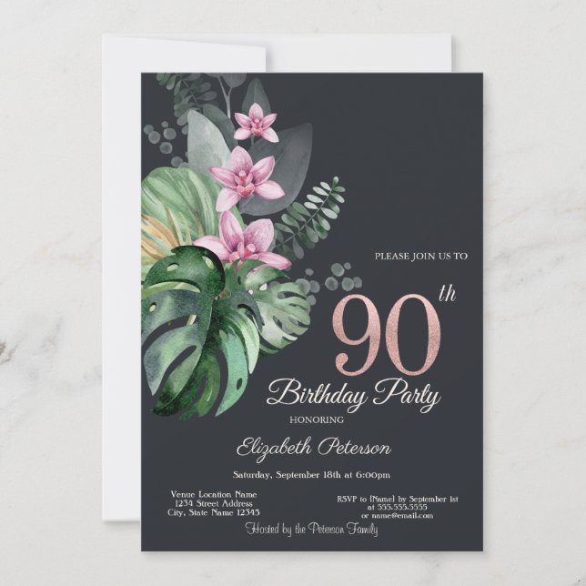 Tropical Flowers Dark 90th Birthday  Invitation (Front)