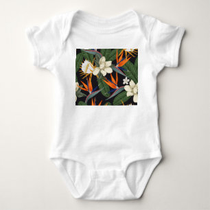 Tropical flowers, dark background, floral seamless baby bodysuit