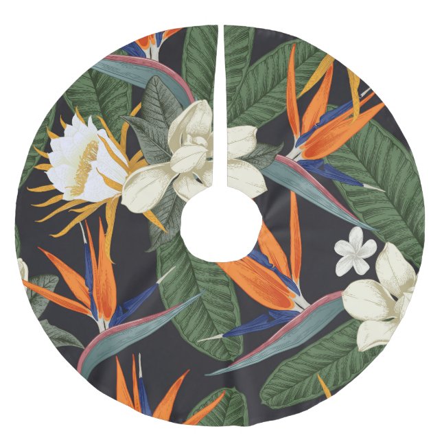 Tropical flowers, dark background, floral seamless brushed polyester tree skirt (Front)