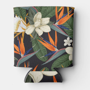 Tropical flowers, dark background, floral seamless can cooler