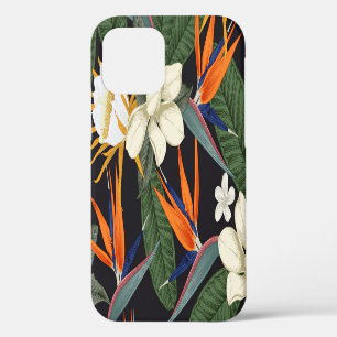 Tropical flowers, dark background, floral seamless iPhone 12 case