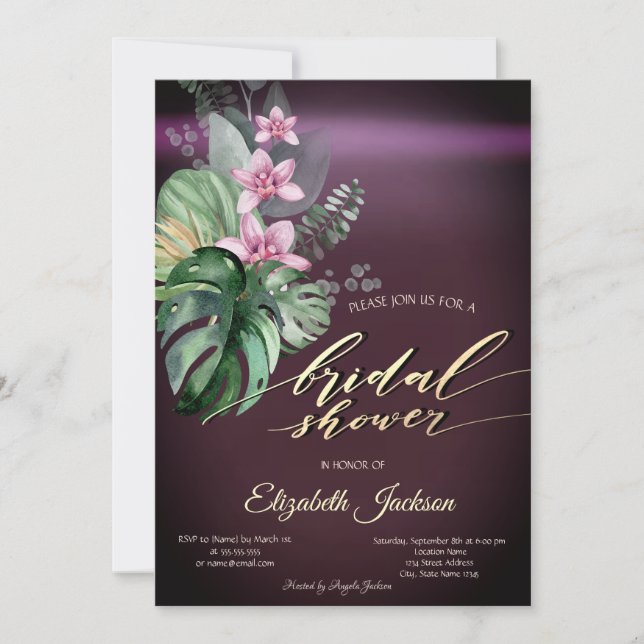 Tropical Flowers Dark Burgundy Bridal Shower  Invitation (Front)