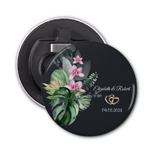 Tropical Flowers Dark Wedding Bottle Opener (Front)
