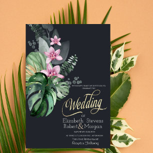Tropical Flowers Dark Wedding Invitation
