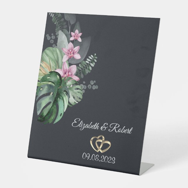 Tropical Flowers Dark Wedding Pedestal Sign (Front)
