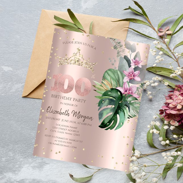 Tropical Flowers Diamonds Rose Gold 100th Birthday Invitation (Creator Uploaded)