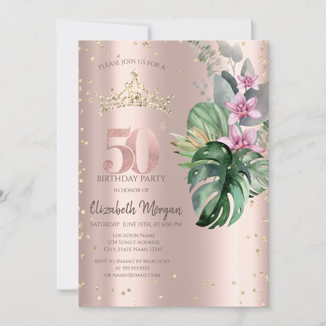 Tropical Flowers Diamonds Rose Gold 50th Birthday Invitation (Front)