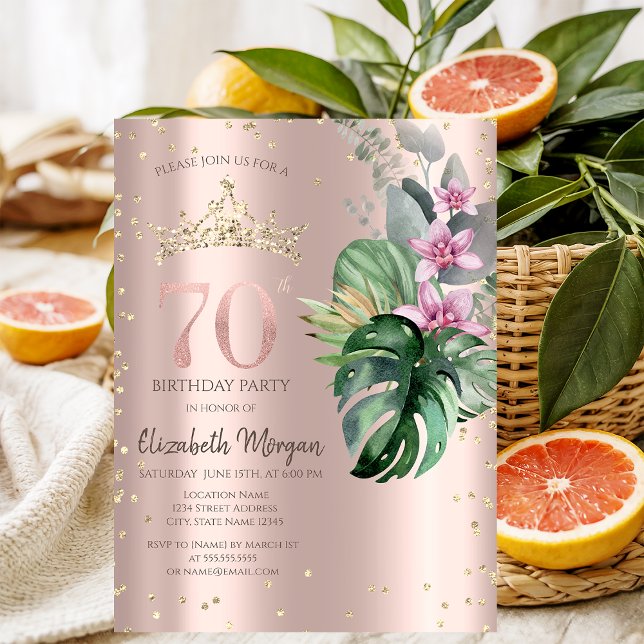 Tropical Flowers Diamonds Rose Gold 70th Birthday Invitation (Creator Uploaded)