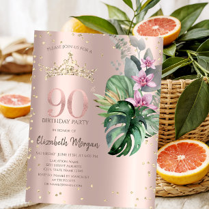 Tropical Flowers Diamonds Rose Gold 90th Birthday Invitation