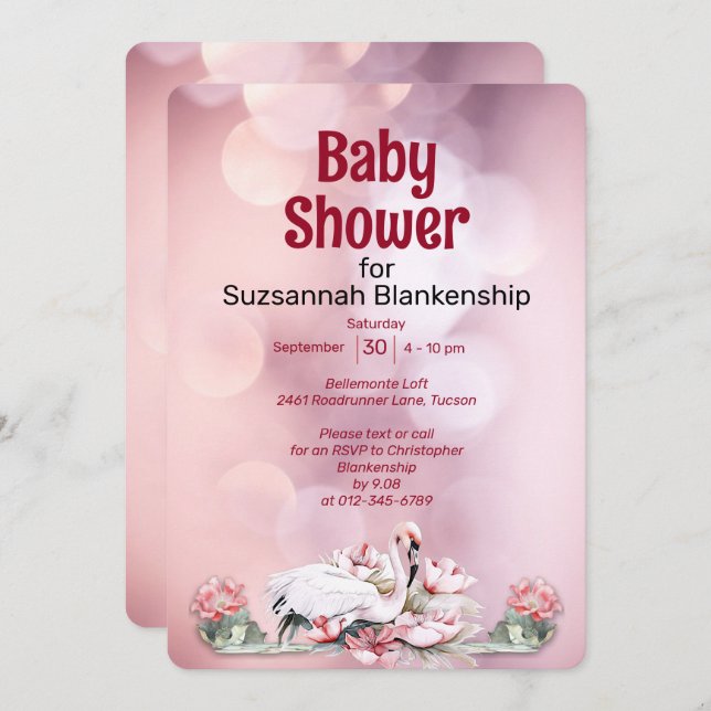 Tropical Flowers & Flamingo Custom Baby Shower Invitation (Front/Back)