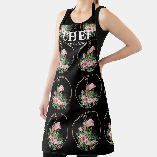 Tropical Flowers Flamingo Gold Frame Chef Monogram Apron (Insitu)