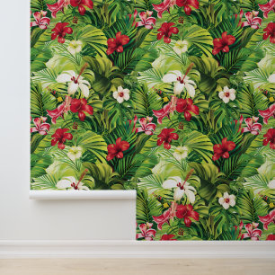Tropical Flowers floral Leaves Leaf Green Wallpaper
