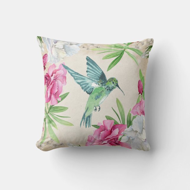Tropical Flowers Flying Hummingbird Cushion (Front)