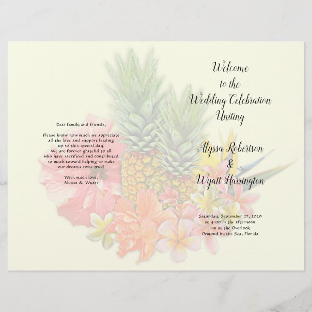 Tropical Flowers Folded Pineapple Wedding Program (Front)